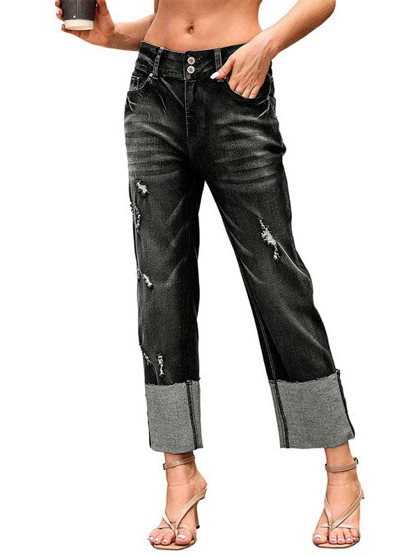 Hole-Detailed High-Waisted Beggar Pants with Toe Opening