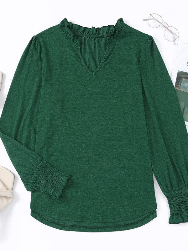Women's Black and Green Chiffon Long-Sleeve Shirt with Ruffled Waist and V-Neck Lantern Sleeves