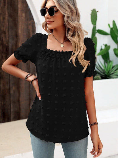 Snowflake chiffon large hair ball short-sleeved top with pleated shirt at the neck