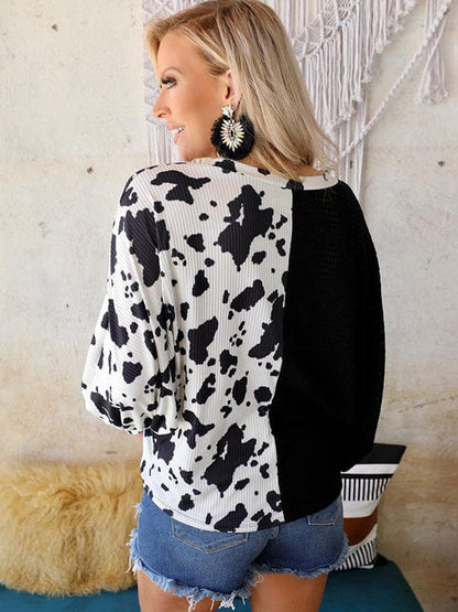 Women's Loose Waffle Knit Cow Print Top with Long Sleeves