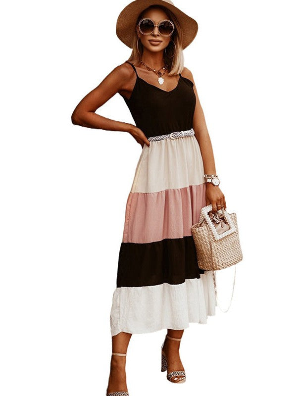 Vacation Ready V-Neck Dress with Waist Slimming Detail and Versatile Long Skirt