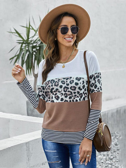 Leopard Print Long Sleeve Slim Fit Pullover with Round Neck for Women