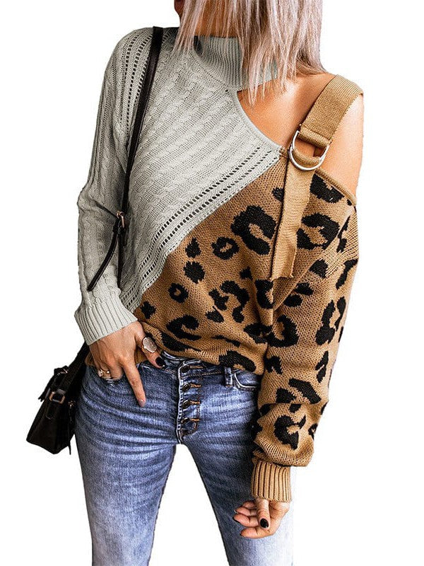Leopard Print Patchwork Off-Shoulder Sweater with Asymmetric Buckle