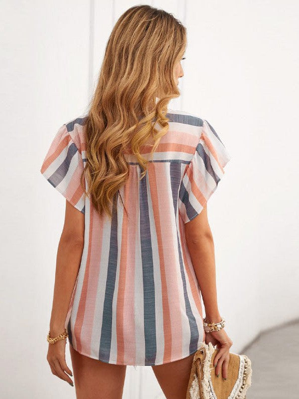 Striped Chiffon Ruffled Short-Sleeve Top for Women with Thin Fabric and Loose Fit