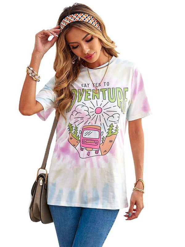 Trendy Tie-Dye Pullover T-Shirt with Loose Letter Print for Women