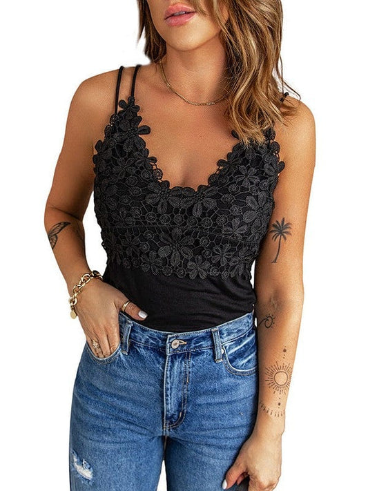 Seductive lace camisole with deep V-neck for women, loose fit top in solid colors