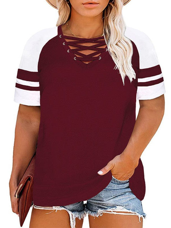 Women's Oversized V-Neck Short Sleeve Hollow Casual T-Shirt in Contrasting Colors
