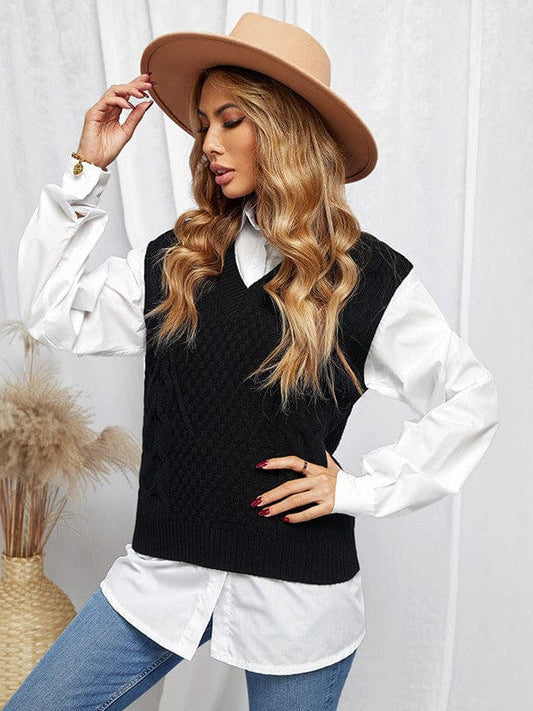 Women's Slim Fit V-Neck Cable Knit Sleeveless Vest Sweater with Solid Color Casual Vest Jacket