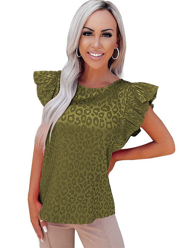 Sleek Leopard print sleeveless top with frilled round neck and slim silhouette for ladies