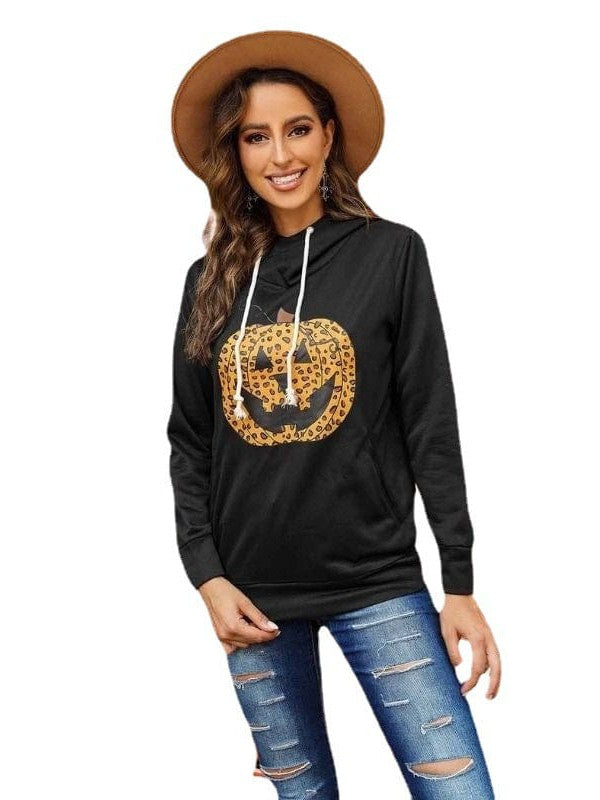 Casual Pumpkin Print Sweatshirt with Pile Collar for Women
