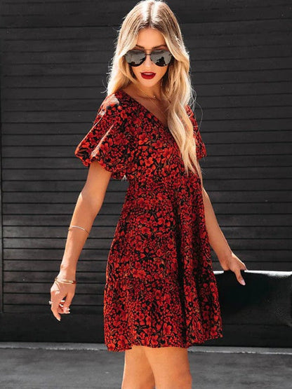 Floral Print V-Neck Dress with Puff Sleeves and High Waist - Bohemian Style