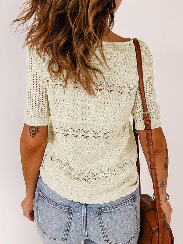 Retro Hollow Knitted Pullover Women's T-Shirt with Short Sleeves