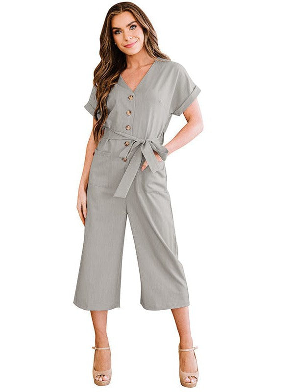 Women's High-Waisted Three-Quarter Jumpsuit with V-Neck, Single-Breasted Belt, and Pockets