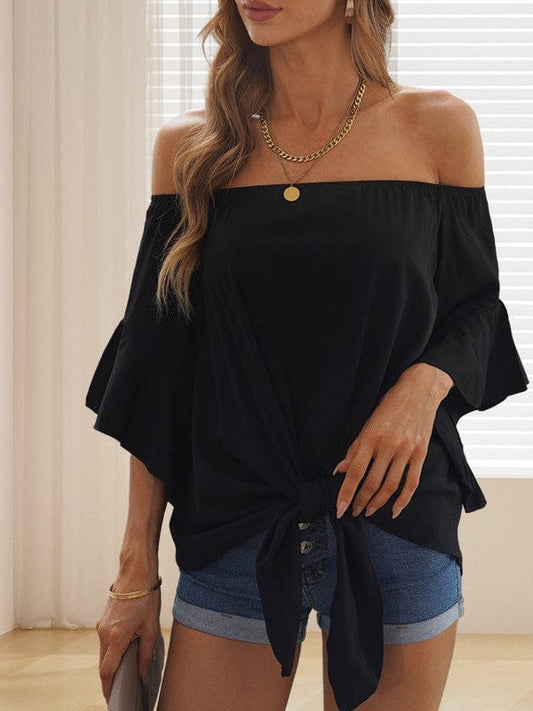 Chiffon Lace-Up Pullover Top in Solid Color with Three-Quarter Sleeves and Slim-Fitting Design