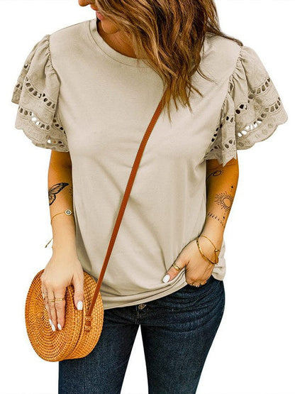 Women's Solid Lace Flying Sleeves Round Neck Casual T-Shirt with Short Sleeves