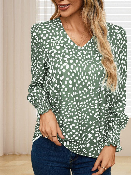 Polka Dot Chiffon V-Neck Blouse with Long Sleeves for Women