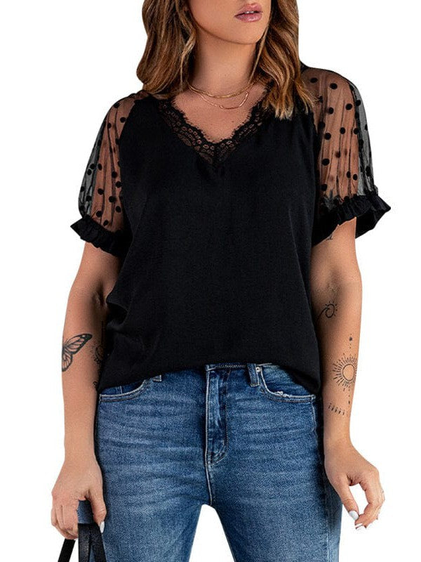 Women's Round Neck See-Through Lace Chiffon Top with Short Sleeves and Splicing