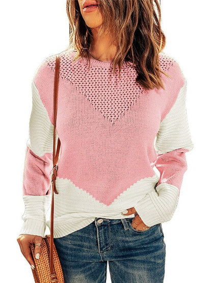 Women's Loose Fit Color Block Sweater with Crew Neck and Long Sleeves
