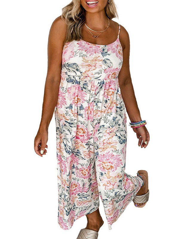 Printed Suspender Jumpsuit in White for Women's Plus Size Casual Wear