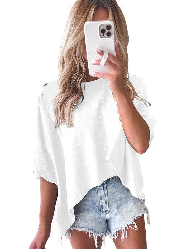 Women's Batwing Style Hollow Out Long T-Shirt with Asymmetrical Hem