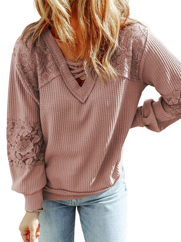 Fashionable Loose Knit Lace Pullover with V-Neck