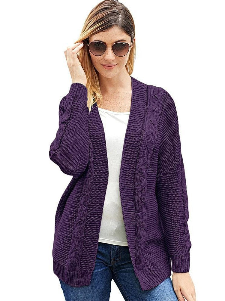 Women's Solid Color Knitted Cardigan with Long Sleeves and Buttonless Design