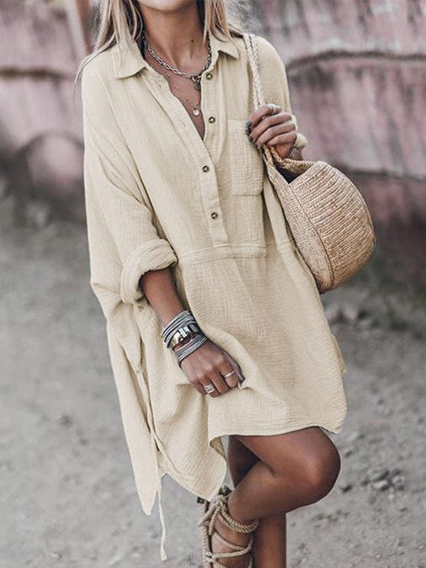 Simple Drawstring Waist Casual Shirt Dress in Off-White Color