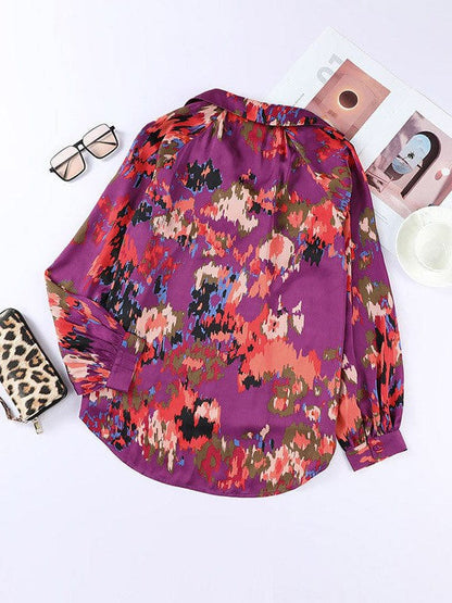 Light and Airy Colorful V-Neck Chiffon Blouse with Lantern Sleeves