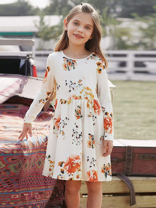 Floral Print Long Sleeve Loose Short Dress for Girls