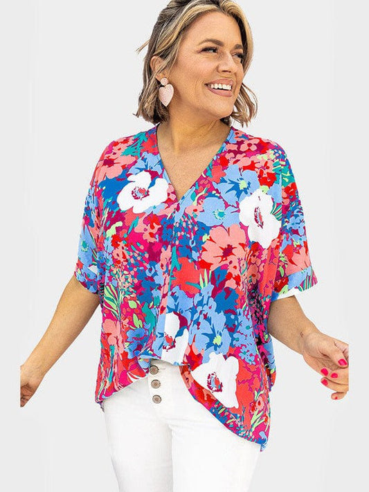 Chic Printed Chiffon V-Neck Pullover Top for Curvy Women