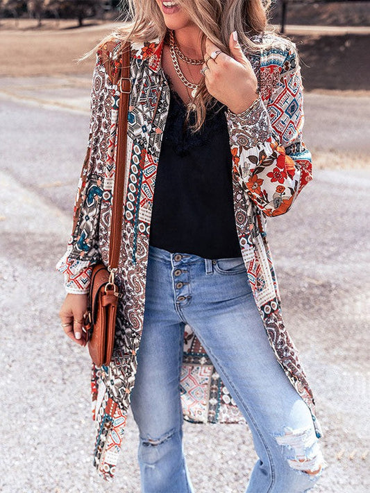 Floral Print Geometric Patterned Women's Cardigan Jacket with Mid-Length Cut