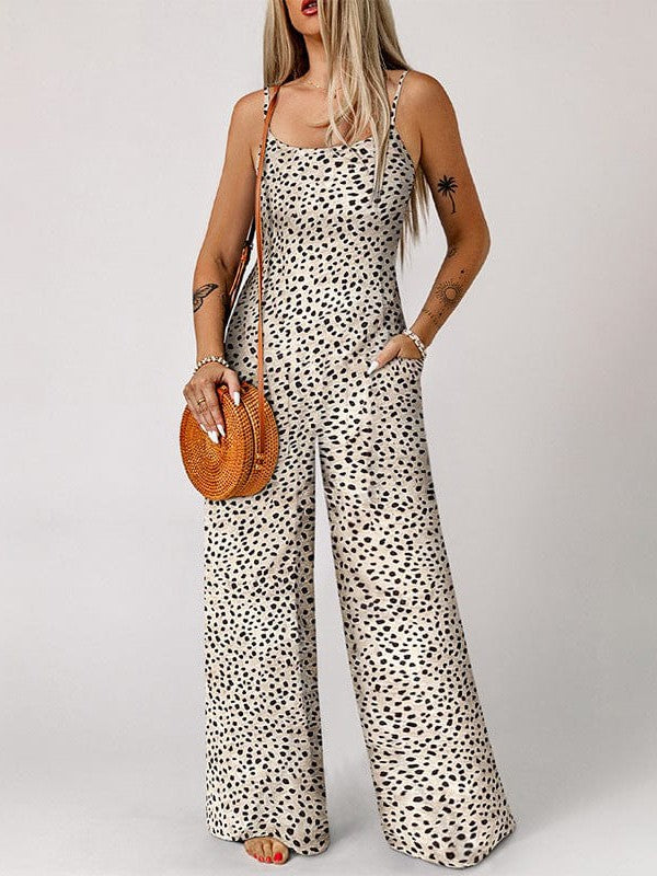Leopard Print Sleeveless Suspender Jumpsuit in Khaki for Women
