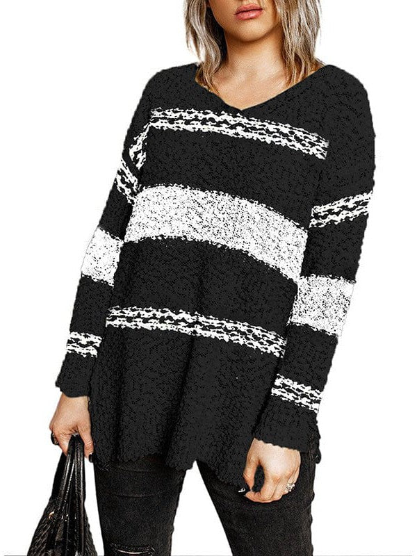 Striped Acrylic V-Neck Sweater - Loose Fit Casual Top for Women