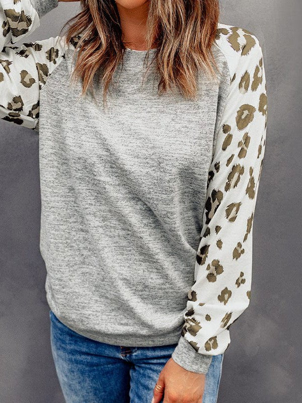 Leopard Print Loose Top with Round Neck for Women