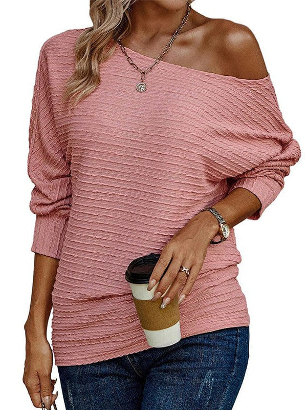 Fashionable Twist Knit Off-Shoulder Top with Bat Sleeves for Women