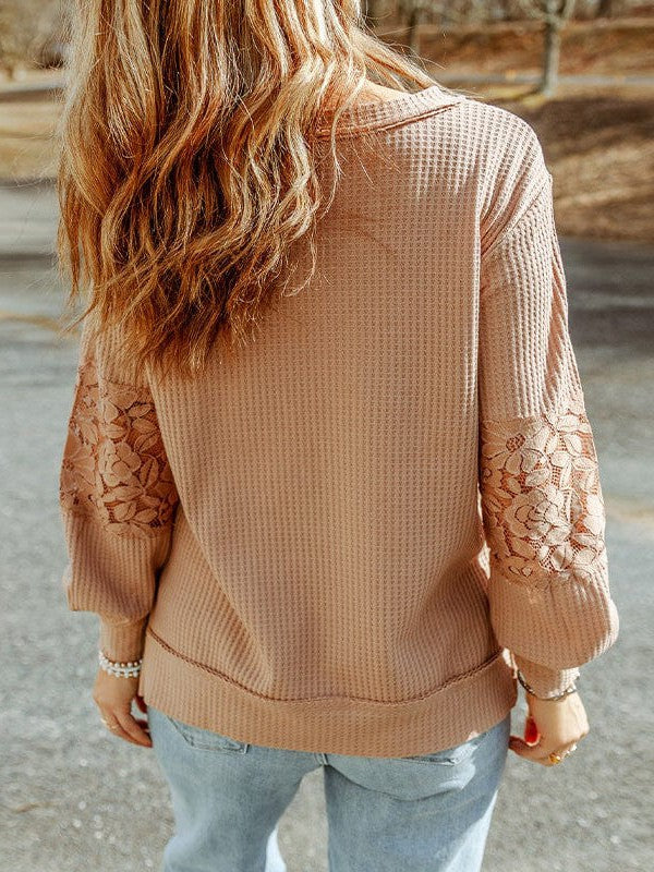 Fashionable Loose Knit Lace Pullover with V-Neck