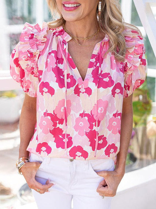 Floral Print V-Neck Chiffon Top with Puff Sleeves for Women