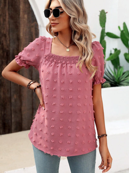 Snowflake chiffon large hair ball short-sleeved top with pleated shirt at the neck