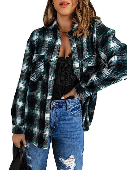 Women's Classic Button-Up Plaid Shirt with Long Sleeves