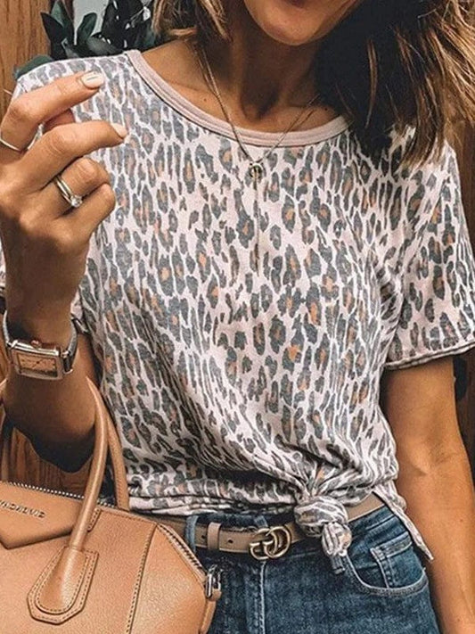 Leopard Print Loose Fit Short Sleeve T-shirt for Women