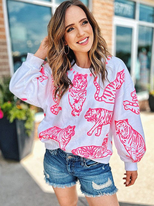 Trendy Women's Pink Tiger Print Pullover Sweatshirt with Loose Fit