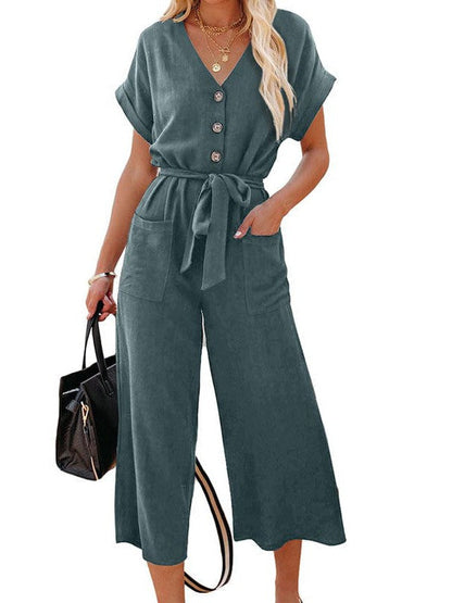 Women's High-Waisted Three-Quarter Jumpsuit with V-Neck, Single-Breasted Belt, and Pockets