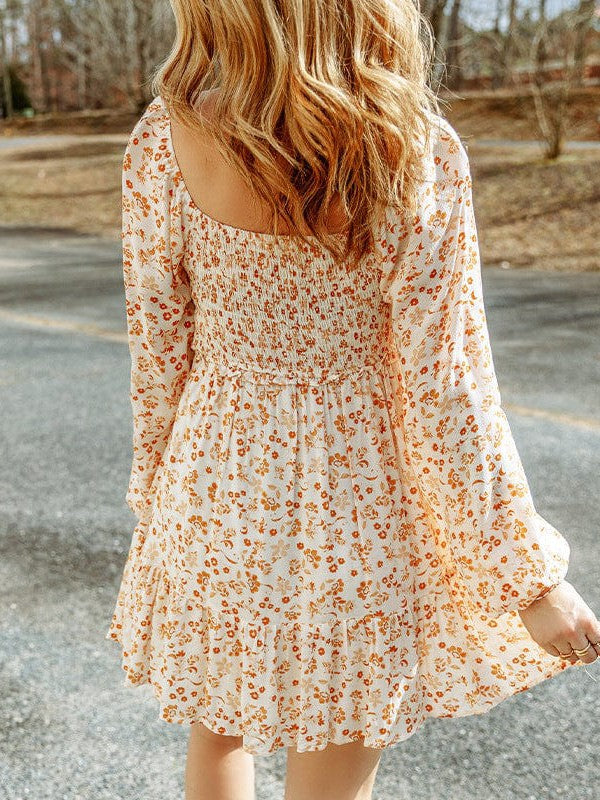Floral Print Square Neck Dress with Puff Sleeves and Short Skirt