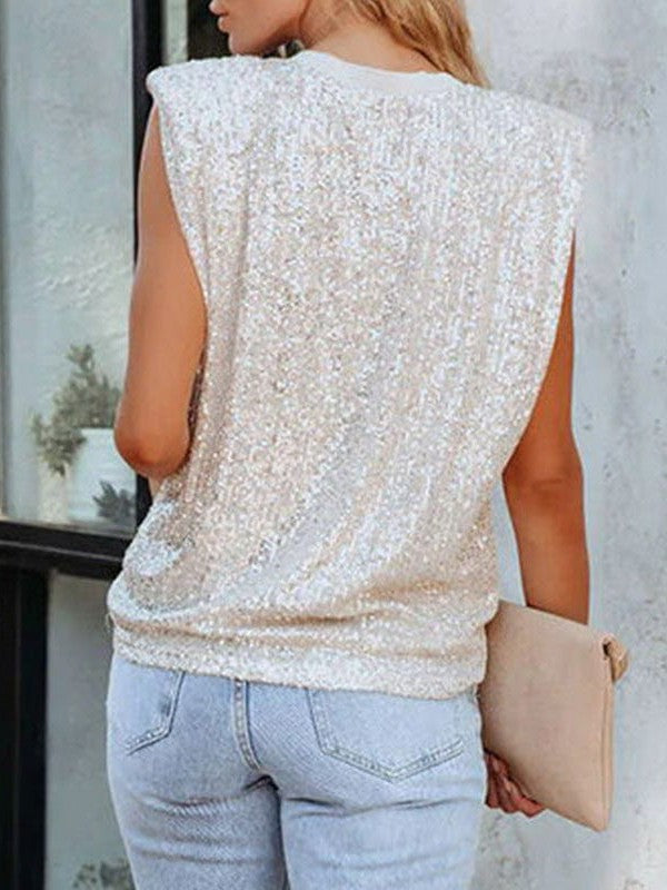 Sequin Embellished Sleeveless Blouse Women's Relaxed Fit Shoulder-Padded Tank Top