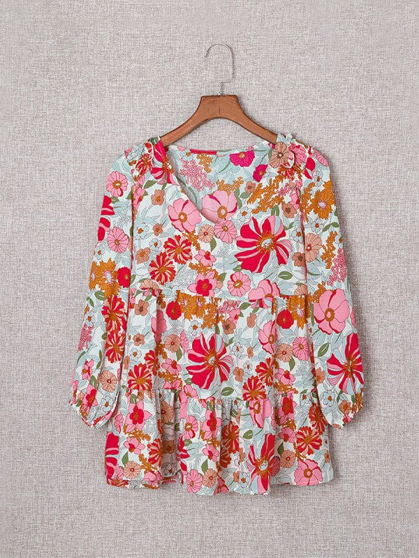 Chic V-Neck Pullover with Three-Quarter Sleeve and Floral Print
