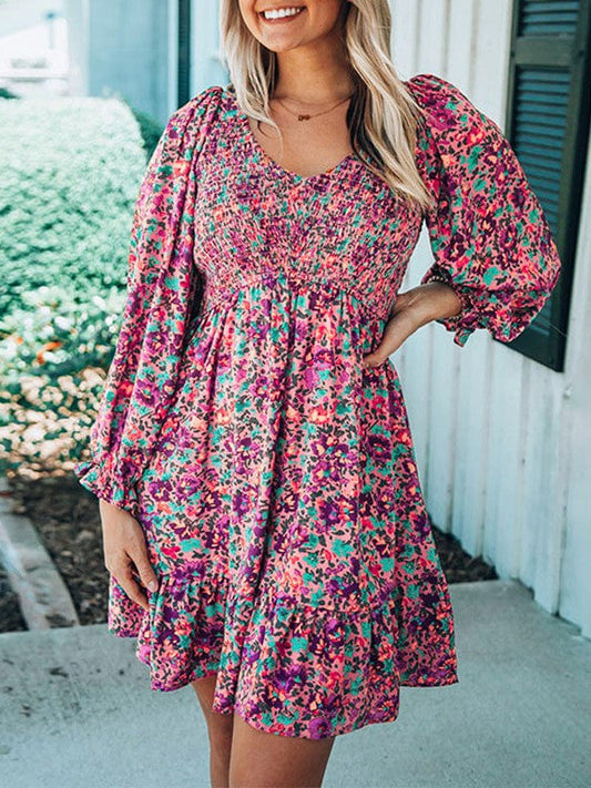 Floral Printed V-Neck Ruffled Long-Sleeved Waist Slimming Dress with A-Line Skirt
