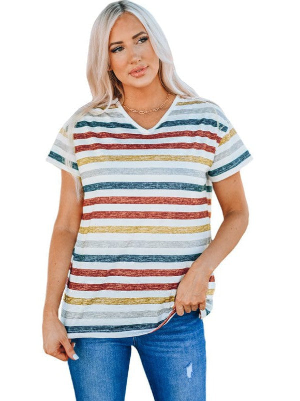 Striped Short Sleeve Sweater Women's Pullover Top with Contrast Color