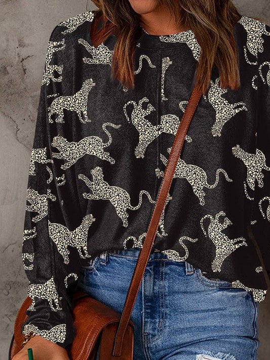 Women's Leopard Print Loose Fit Long Sleeve Top in Black
