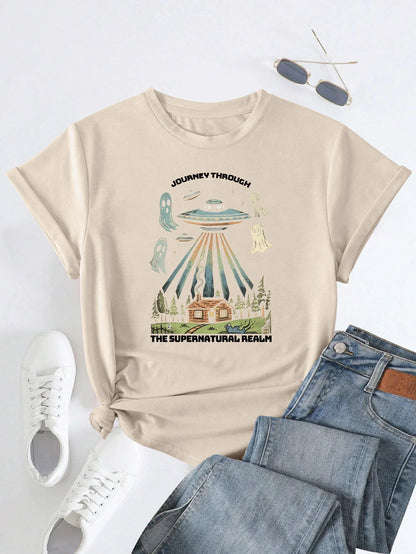 'Journey Through The Supernatural Realm'  Print T-shirt Short Sleeve Crew Neck Casual Top For Summer & Spring Women's Clothing