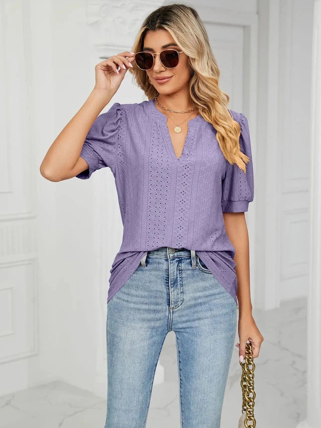 Summer New Clothing Casual Top for Women V-neck Shirts for Women Solid Color Hollow Bubble Sleeve Loose T Shirt Women Tops
